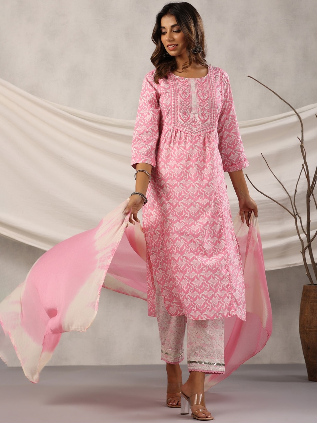 

KALINI Floral Printed Straight Pure Cotton Kurta with Trousers & Dupatta, Pink