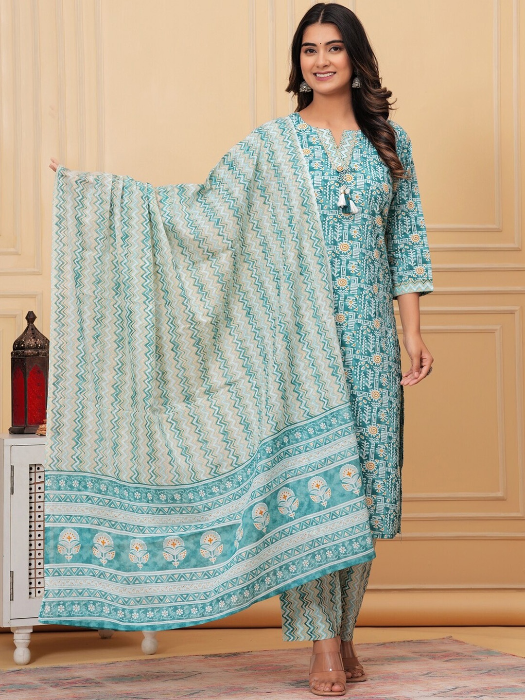 

KALINI Floral Printed Notched Neck Pure Cotton Kurta with Trousers & Dupatta, Green
