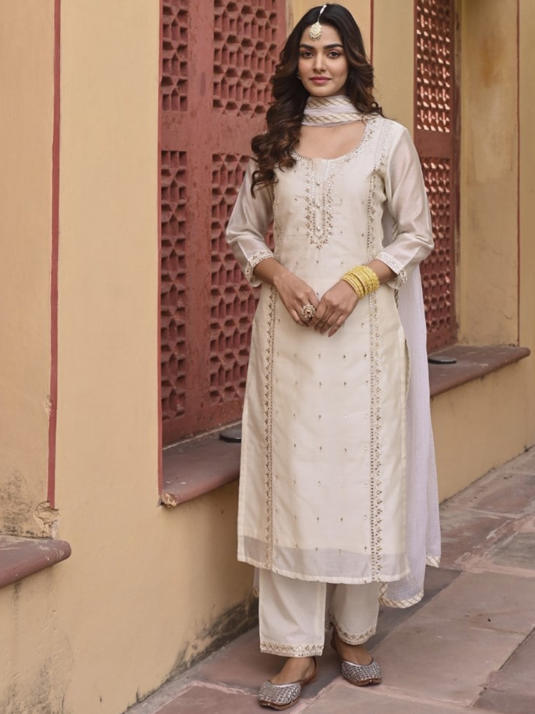 

KARAJ JAIPUR Embroidered Mirror Work Chanderi Silk Straight Kurta with Trousers & Dupatta, Cream