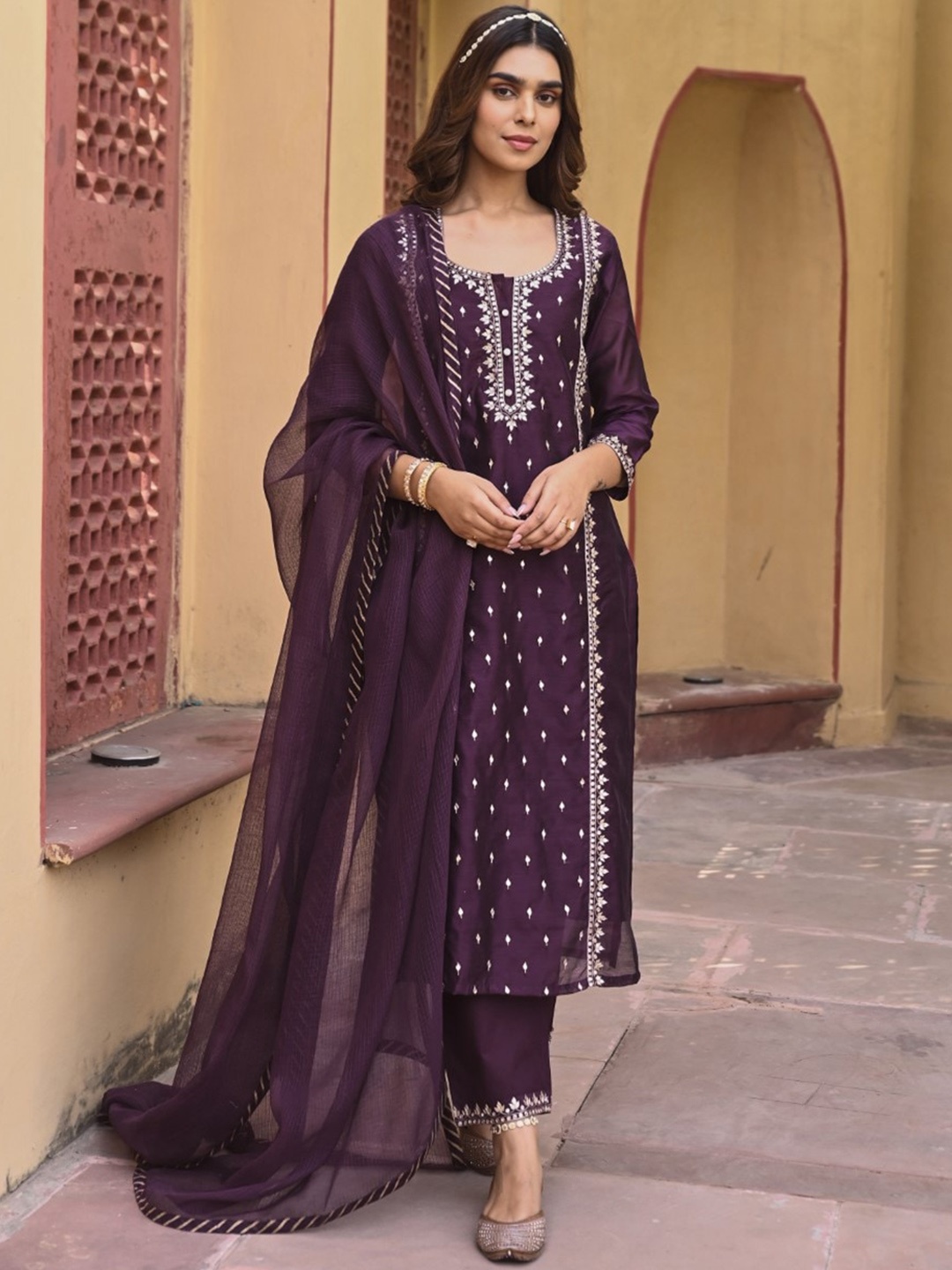 

KARAJ JAIPUR Embroidered Regular Thread Work Chanderi Silk Kurta with Trousers & Dupatta, Purple