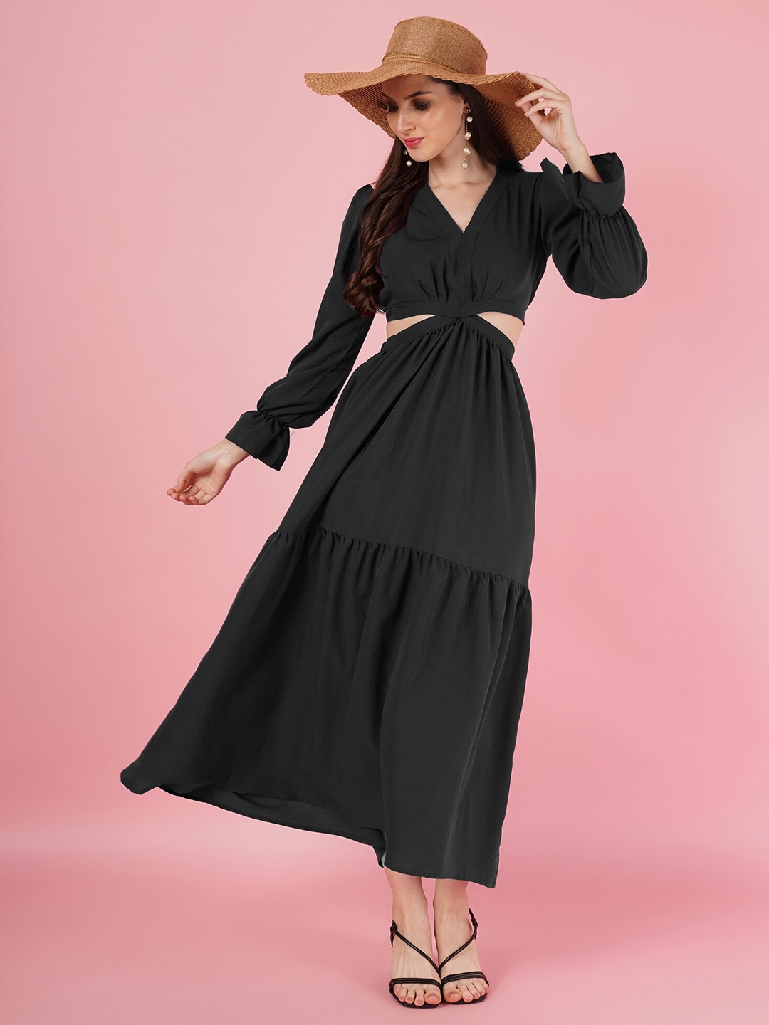 

OTABU V Neck Fit And Flare Maxi Dress, Black