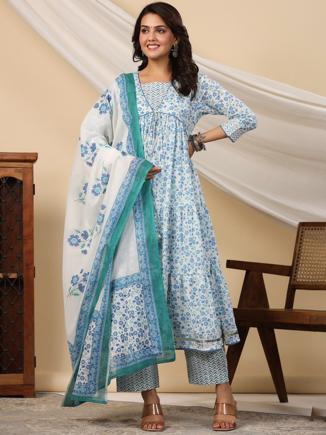 

KALINI Ethnic Motifs Printed Pleated Pure Cotton Kurta with Pyjamas & Dupatta, Blue