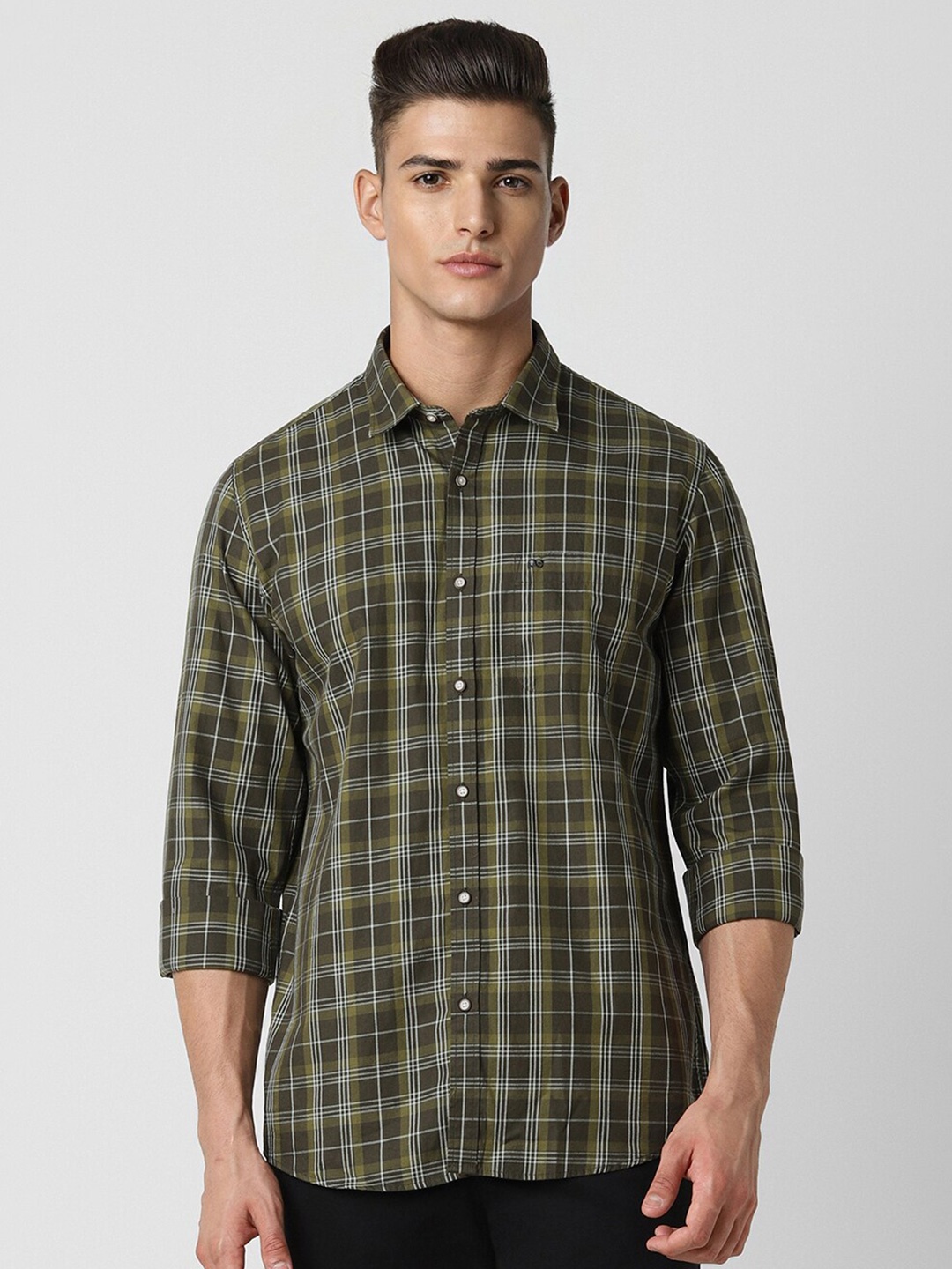 

Peter England Casuals Slim Fit Tartan Checks Cotton Checked Casual Shirt, Olive