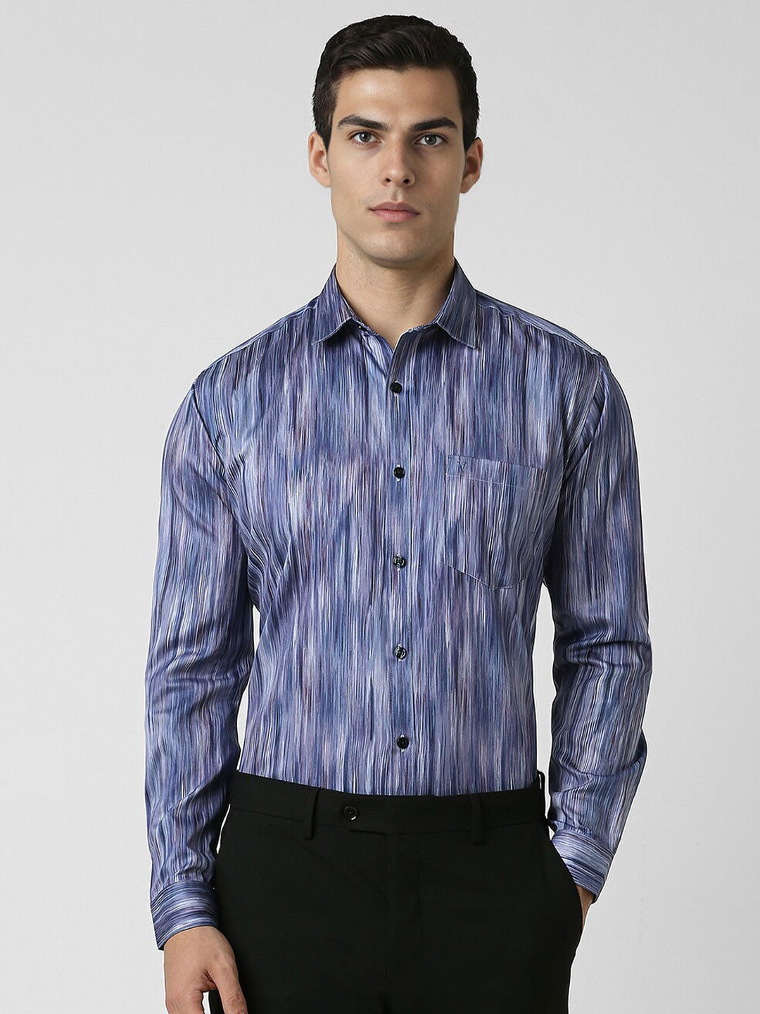 

V Dot Spread Collar Long Sleeves Slim Fit Abstract Printed Cotton Party Shirt, Blue