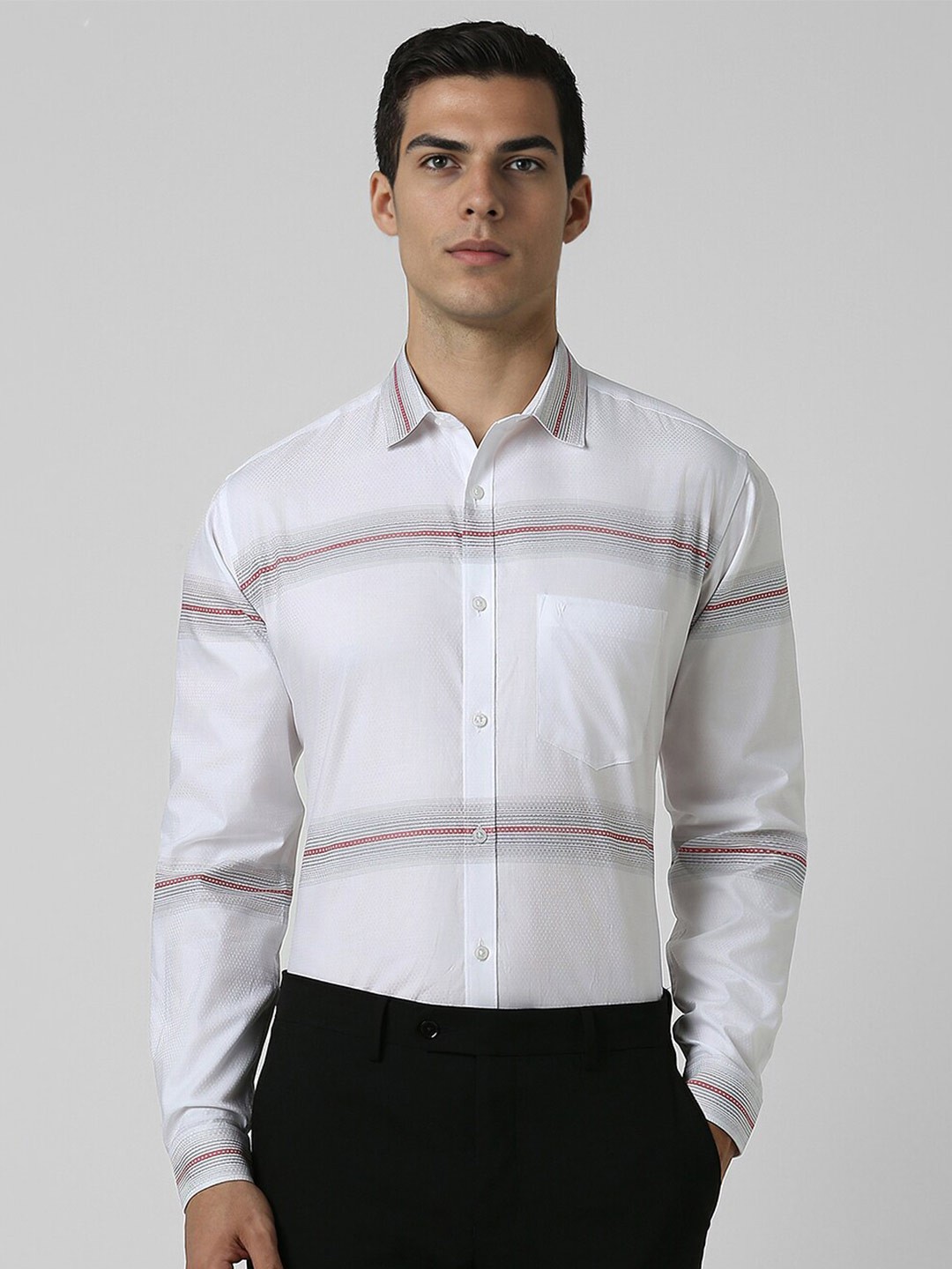 

V Dot Men Slim Fit Striped Spread Collar Long Sleeves Party Shirt, White