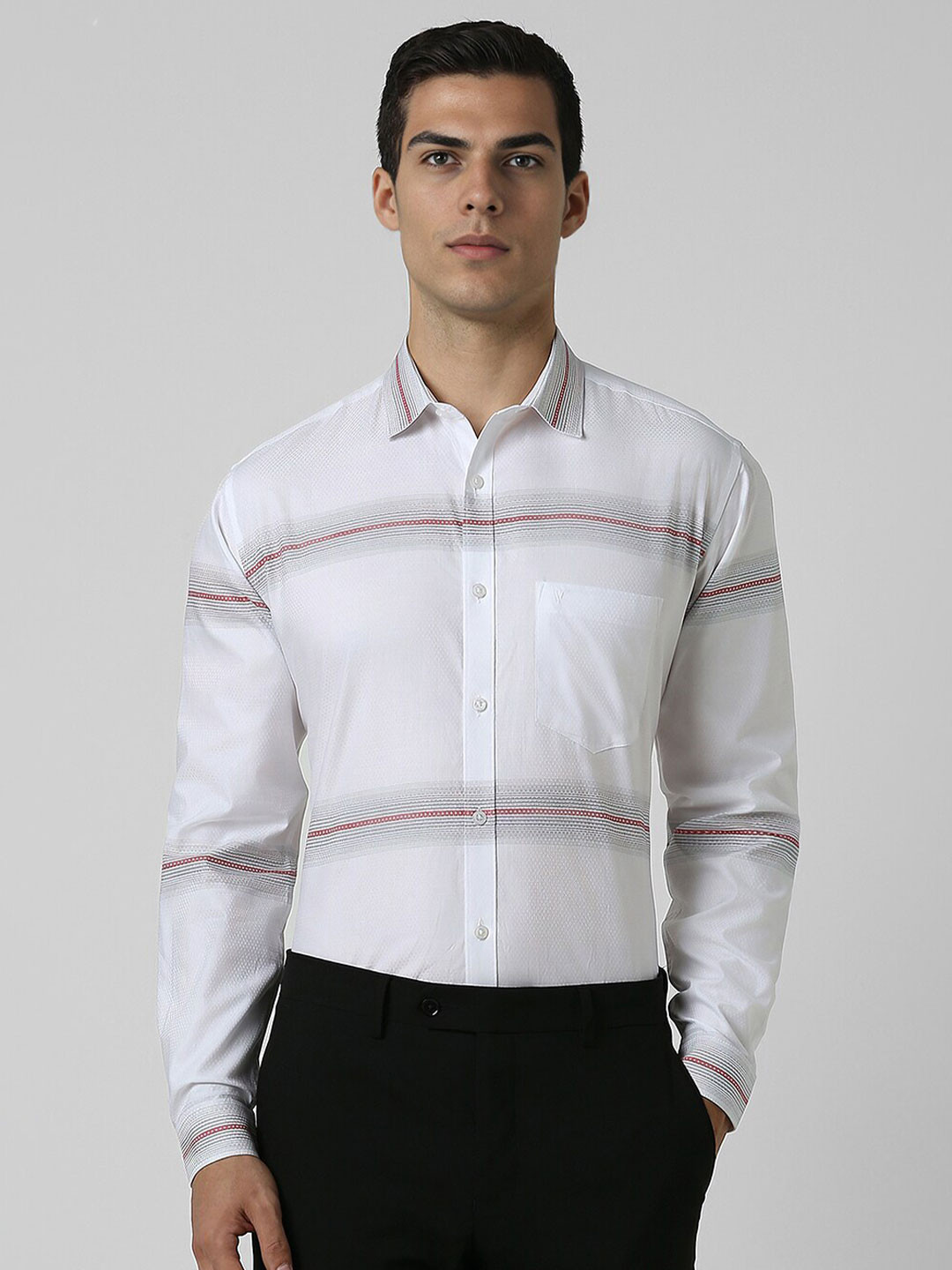

V Dot Slim Fit Printed Spread Collar Cotton Party Shirt, White