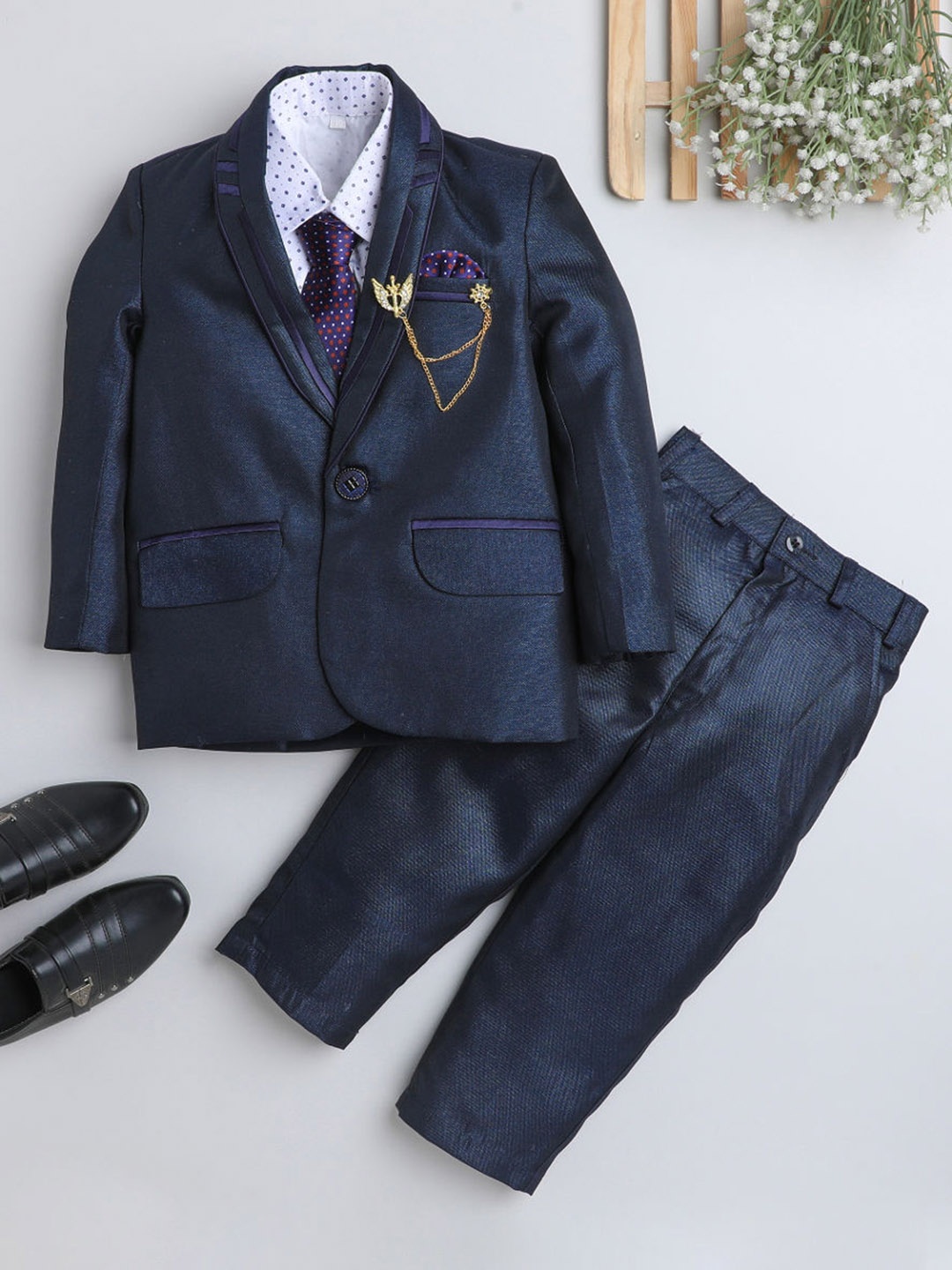 

BAESD Boys Self-design Single-Breasted 4-Piece Suits, Navy blue