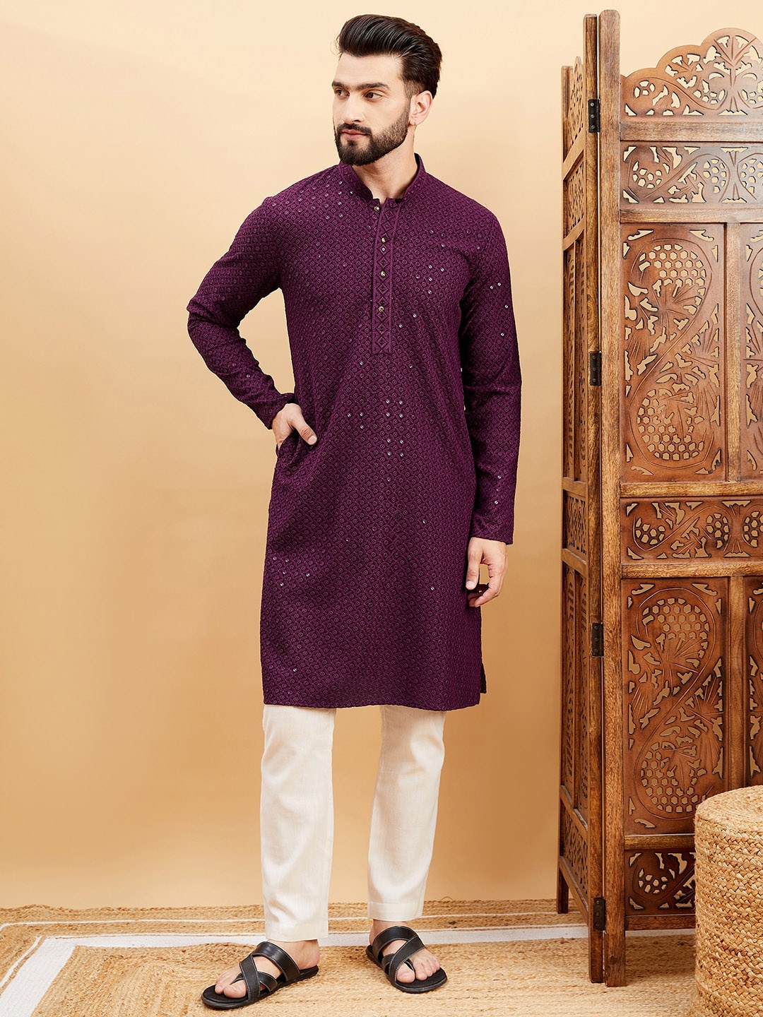 

HERE&NOW Purple Ethnic Motifs Printed Mandarin Collar Flared Sleeves A-Line Kurta