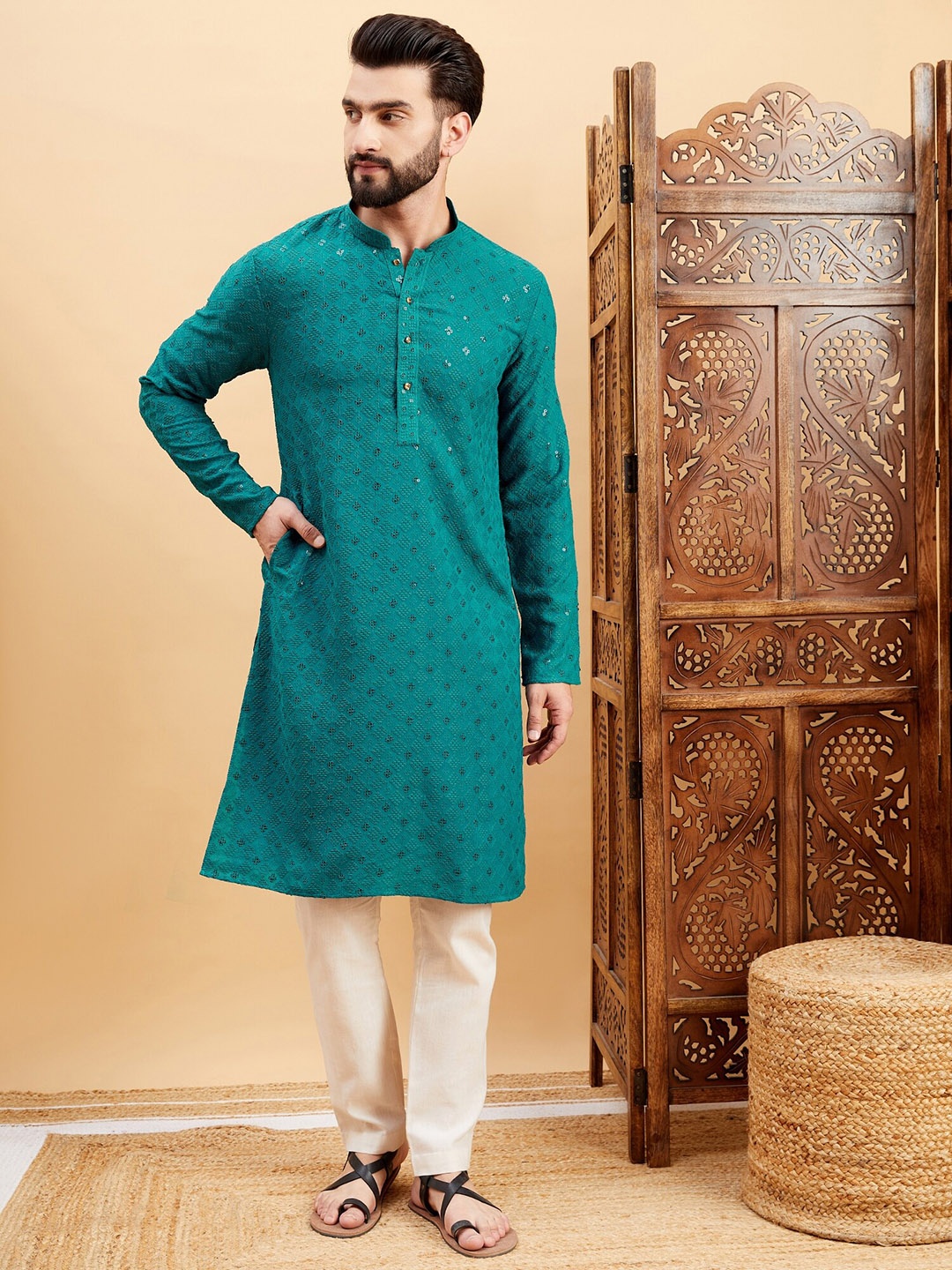 

HERE&NOW Mandarin Collar Ethnic Motifs Printed Thread Work Straight Kurta, Teal