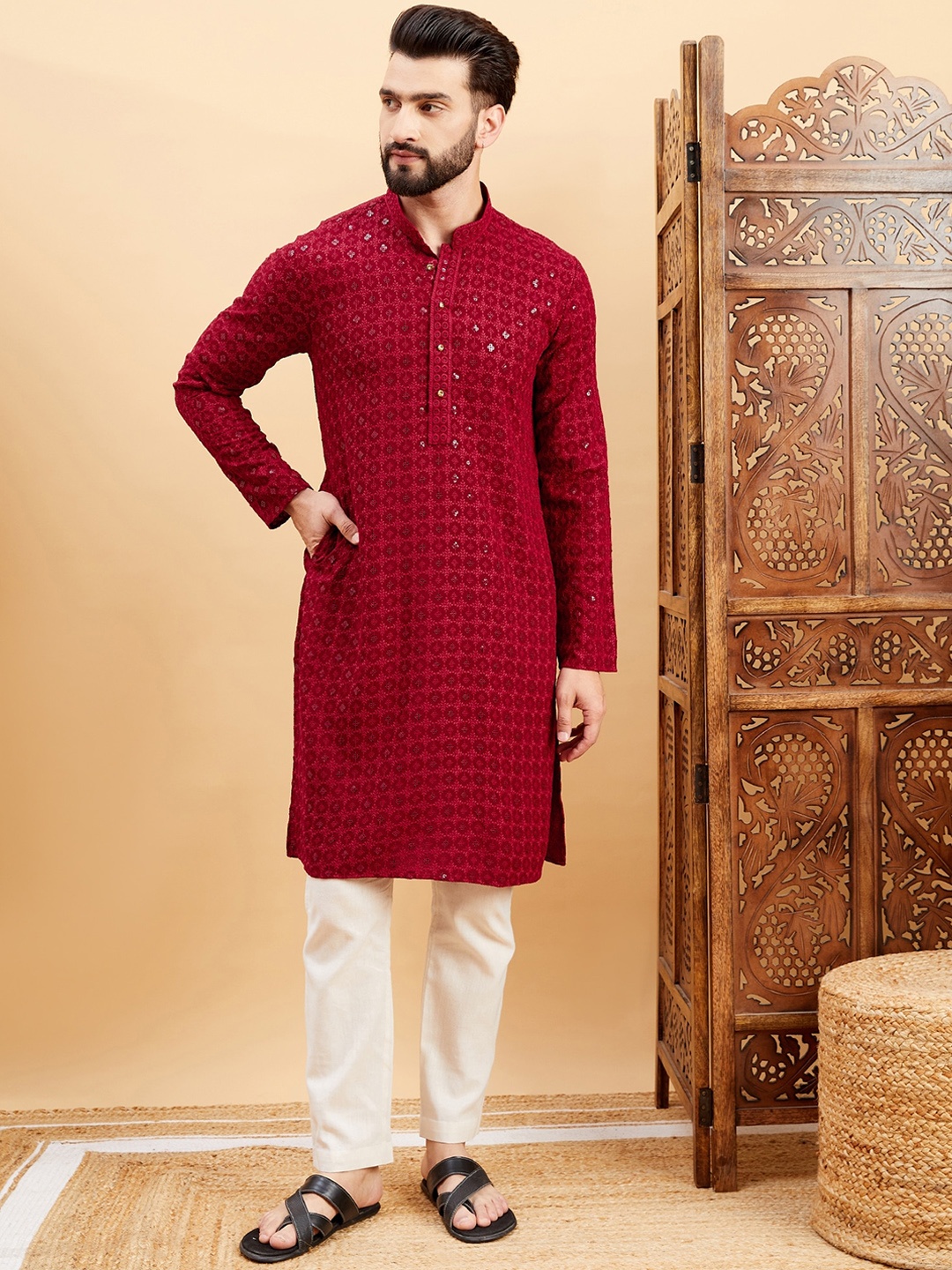 

HERE&NOW Geometric Sequinned Embroidered Straight Kurta, Maroon