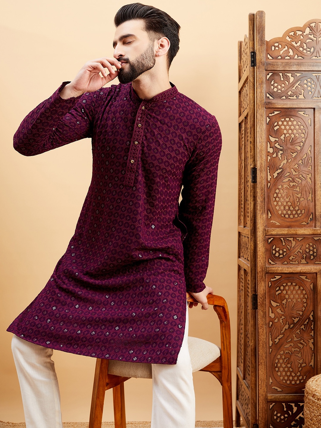 

HERE&NOW Mandarin Collar Geometric Printed Sequinned Straight Kurta, Purple