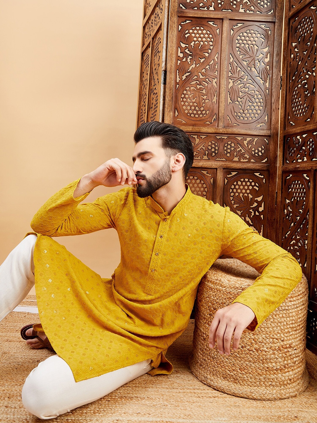 

HERE&NOW Mustard Ethnic Motifs Embroidered Flared Sleeves Thread Work A-Line Kurta