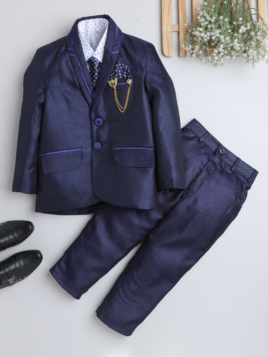 

FOURFOLDS Boys Shawl Collar Single-Breasted 4-Piece Suits, Blue