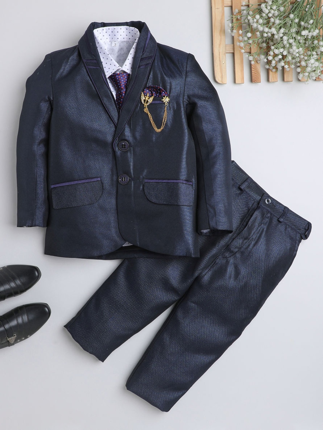 

FOURFOLDS Boys Notched Lapel Single-Breasted 4-Piece Suits, Navy blue