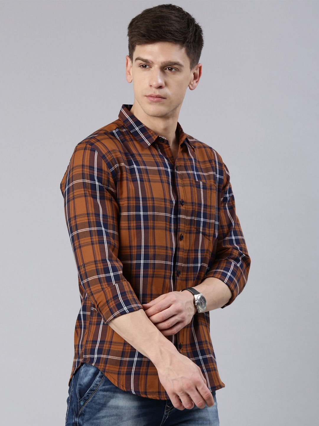 

Metronaut Slim Fit Tartan Checks Opaque Checked Cotton Casual Shirt, Brown