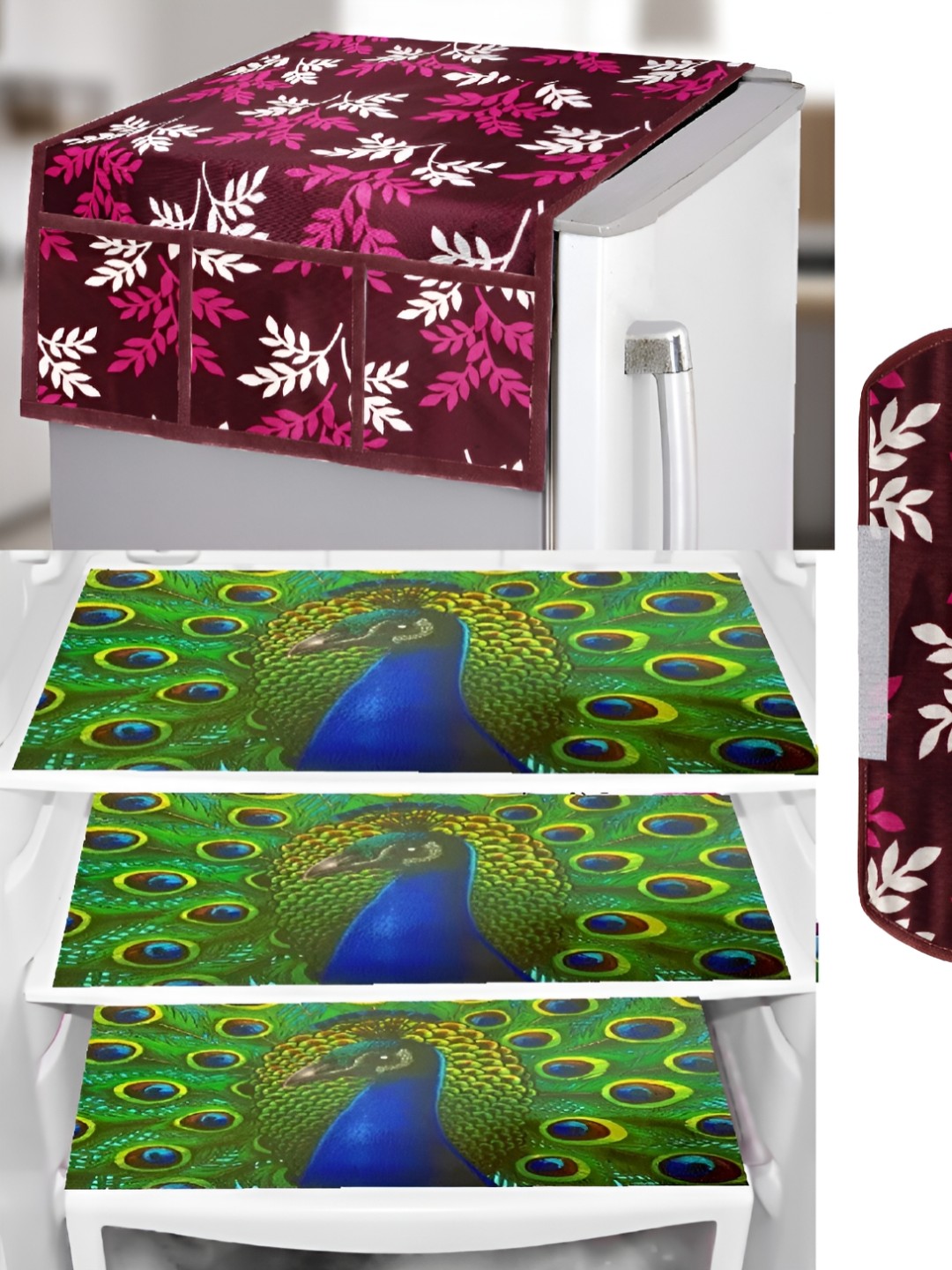 

REVEXO 5-Pcs Pink & Green Printed Fridge Top Cover, Handle Covers & Mats