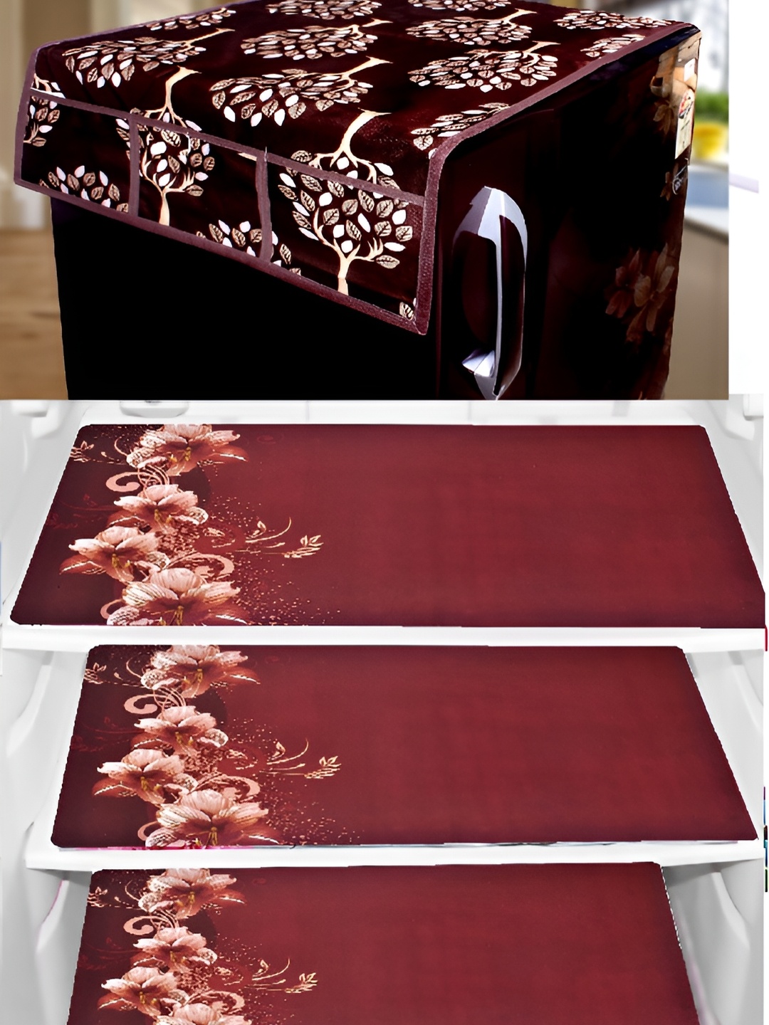 

REVEXO Brown & White 4 Pieces Printed Fridge Top Cover & Mats