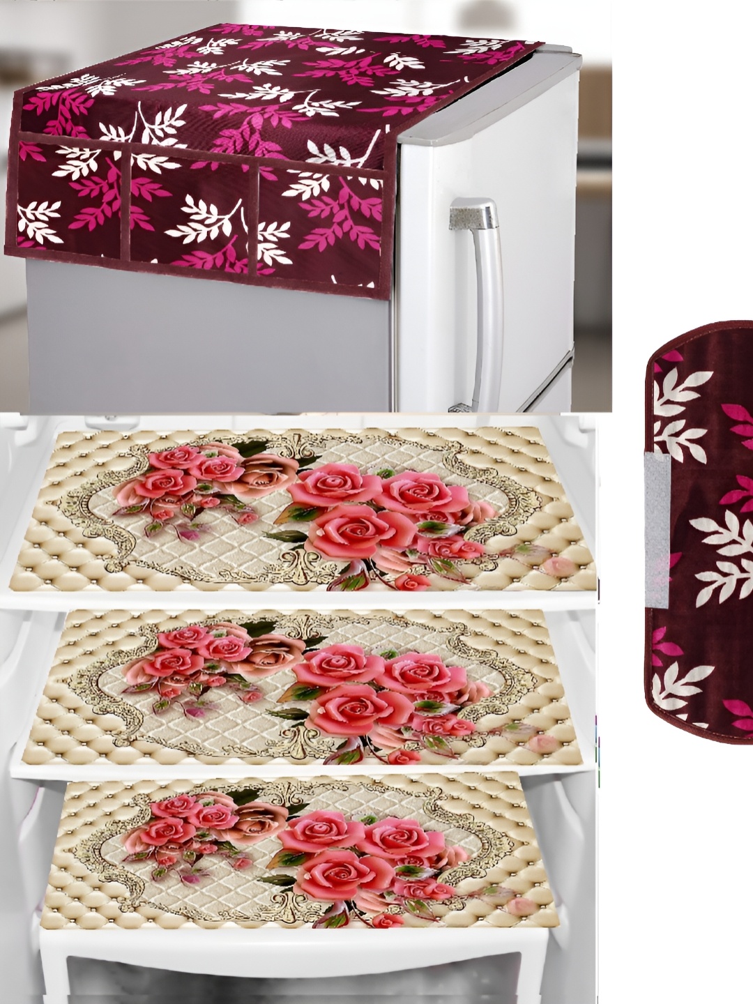 

REVEXO Pink & Beige 5 Pieces Printed Fridge Top Cover, Handle Covers & Mats