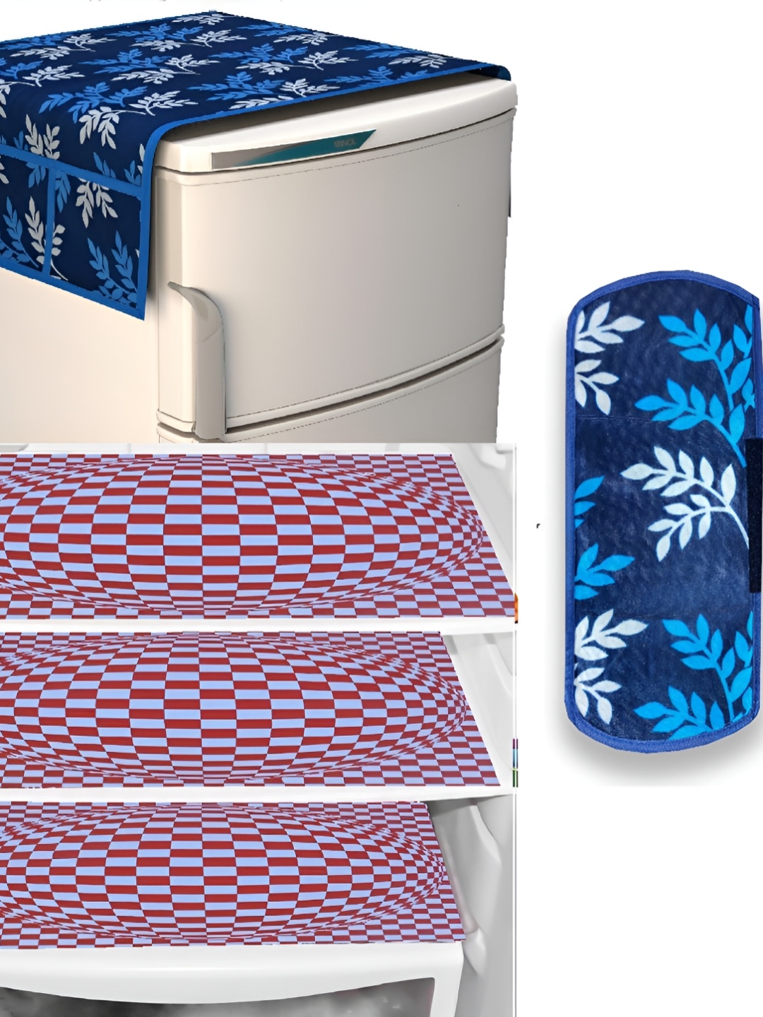 

REVEXO 5-Pcs Blue & White Printed Fridge Top Cover, Handle Covers & Mats