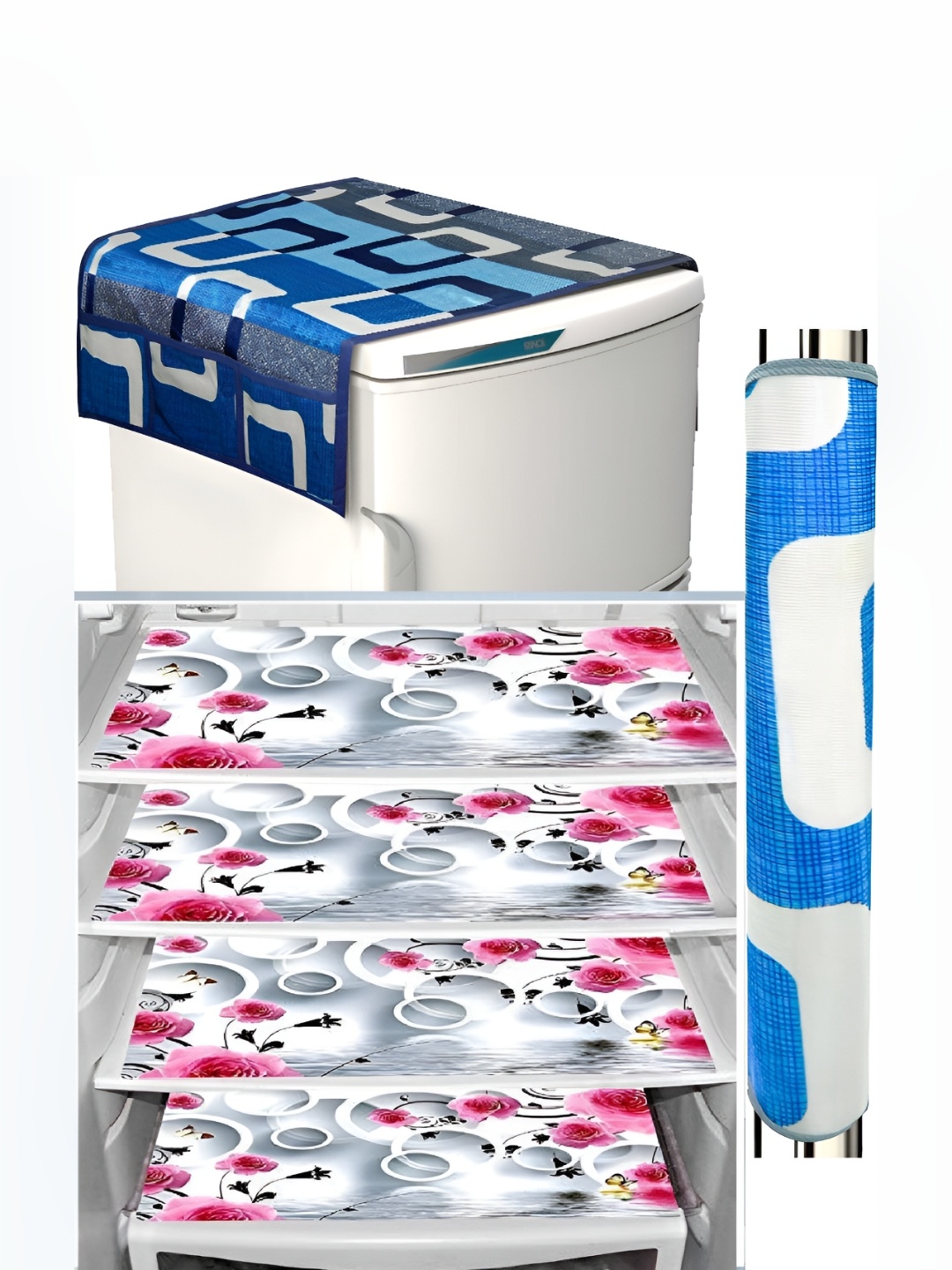 

REVEXO Blue & White 4 Pieces Printed Fridge Top Cover & Mats