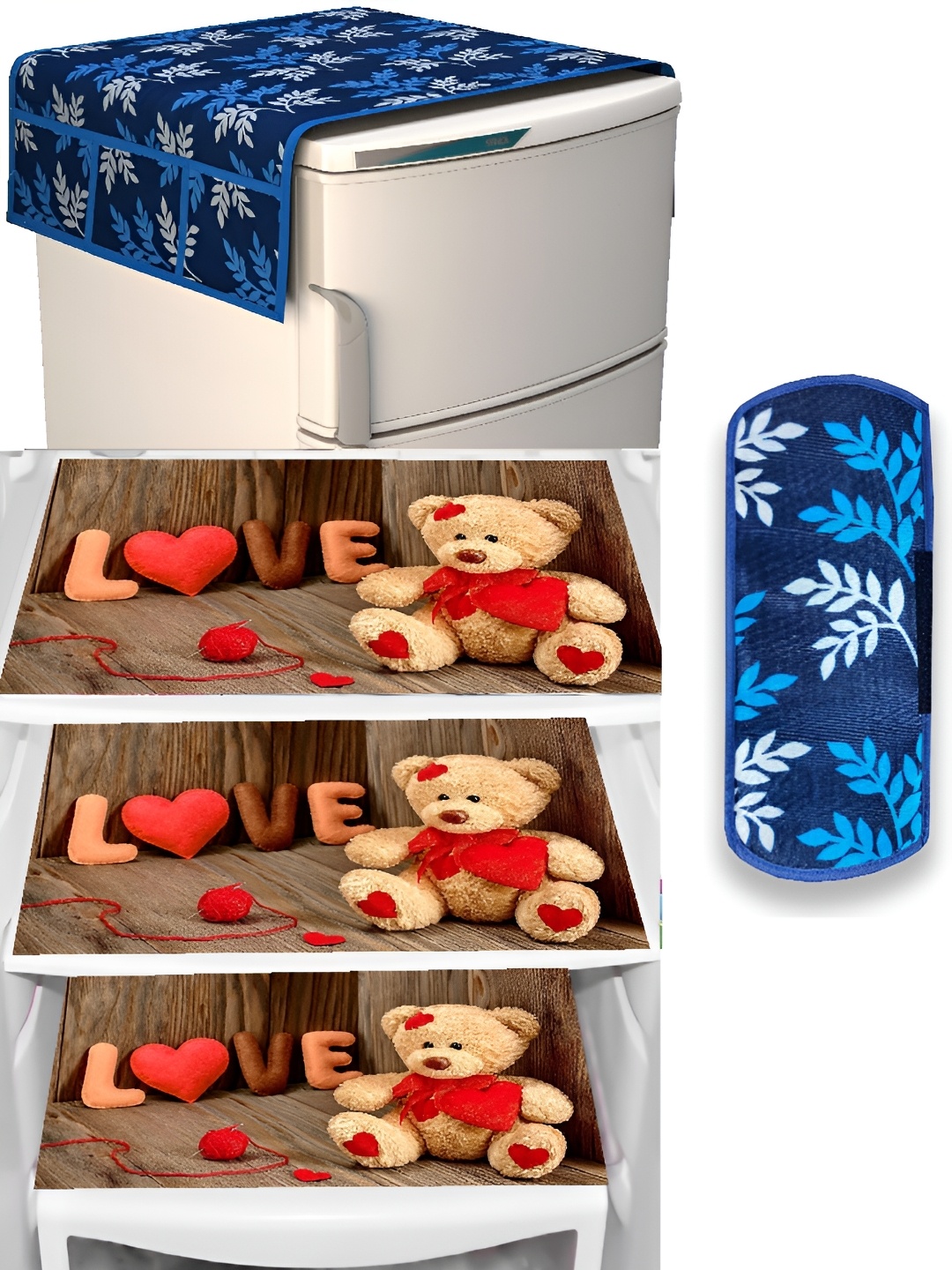 

REVEXO Brown & Blue 4 Pieces Printed Fridge Top Cover & Mats