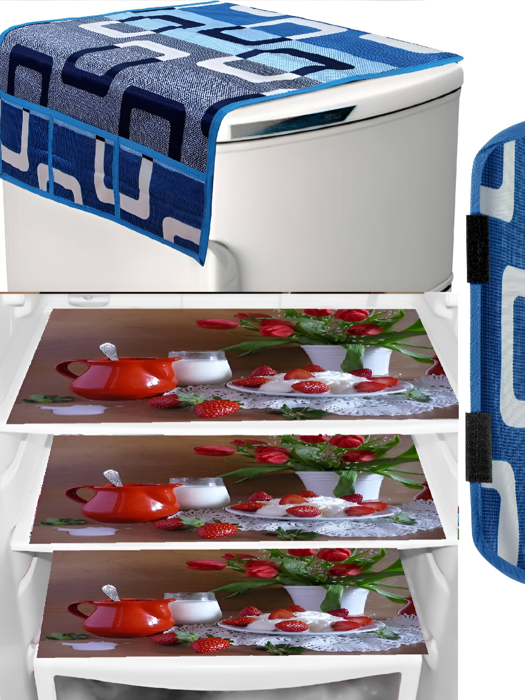 

REVEXO Brown & Blue 4Pcs Printed Anti-Slip Fridge Top Cover & Mats