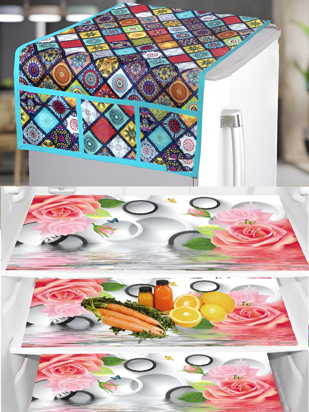 

REVEXO Blue & Pink 4Pcs Printed Anti-Slip Fridge Top Cover & Mats