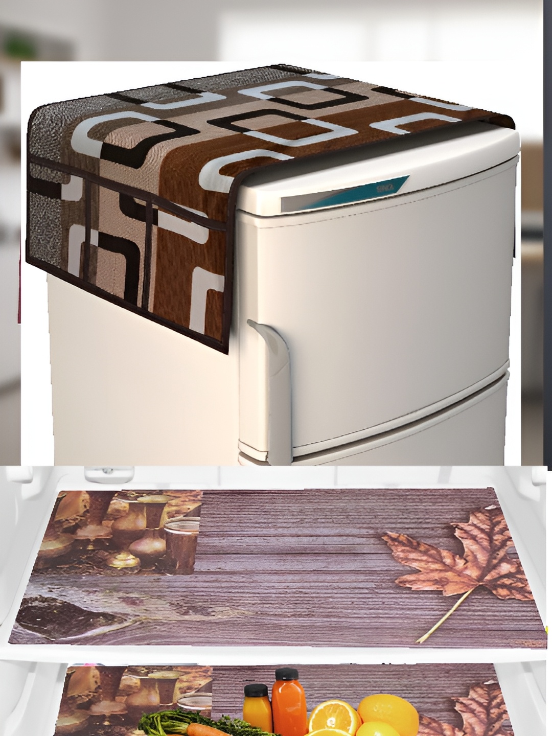 

REVEXO 4-Pcs Brown & White Printed Fridge Top Cover & Mats