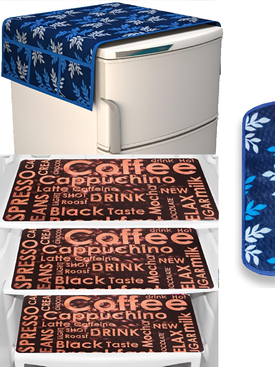 

REVEXO Blue & Brown 5Pcs Printed Easy To Clean Fridge Top Cover Handle Covers & Mats