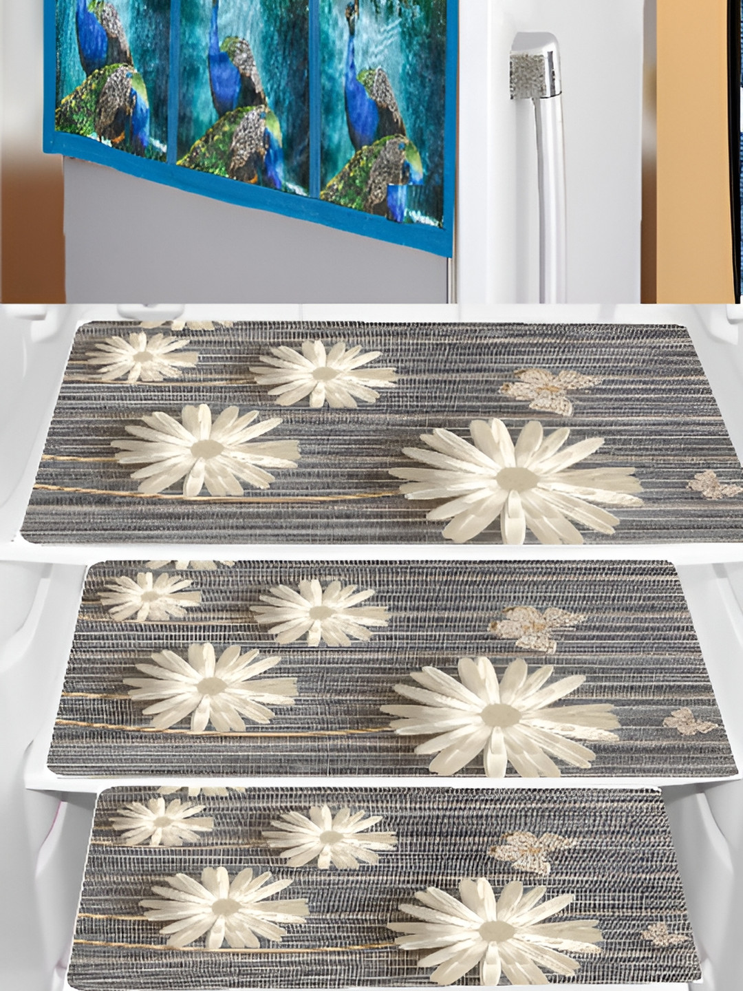 

REVEXO 4-Pcs Blue & Brown Printed Fridge Top Cover & Mats