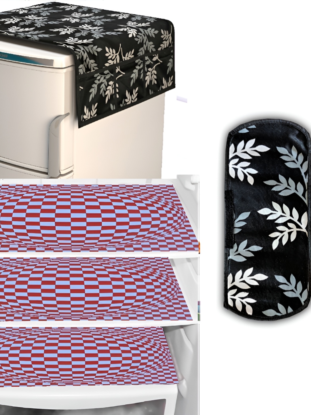 

REVEXO Pink & Black 5 Pieces Printed Fridge Top Cover, Handle Covers & Mats