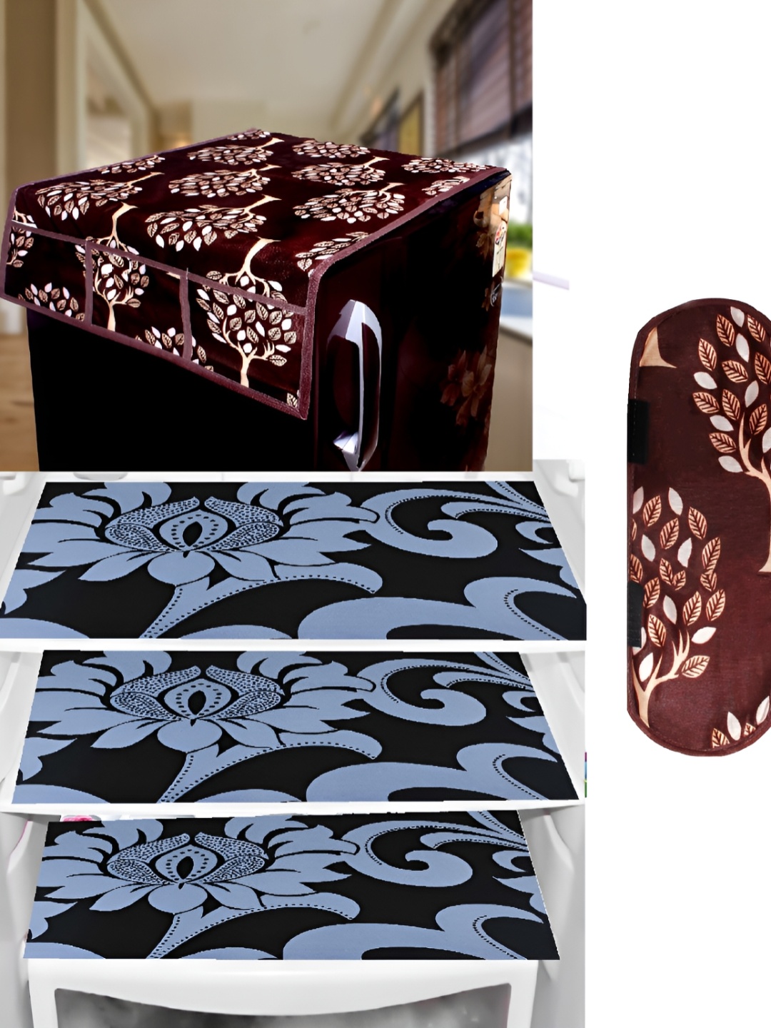 

REVEXO 5-Pcs Brown & Blue Printed Fridge Top Cover, Handle Covers & Mats