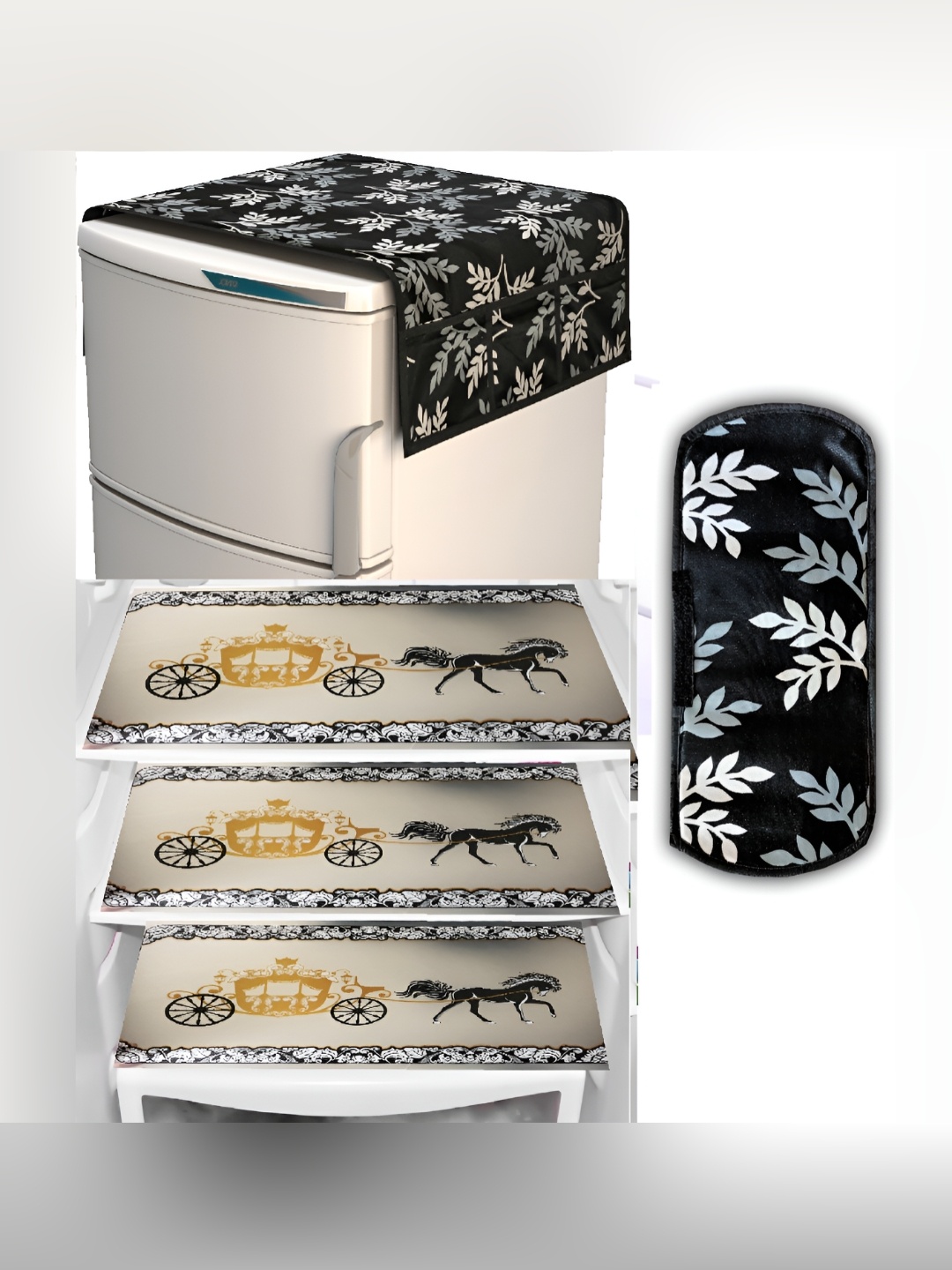 

REVEXO Black & Grey 5Pcs Printed Fridge Top Cover Handle Covers & Mats