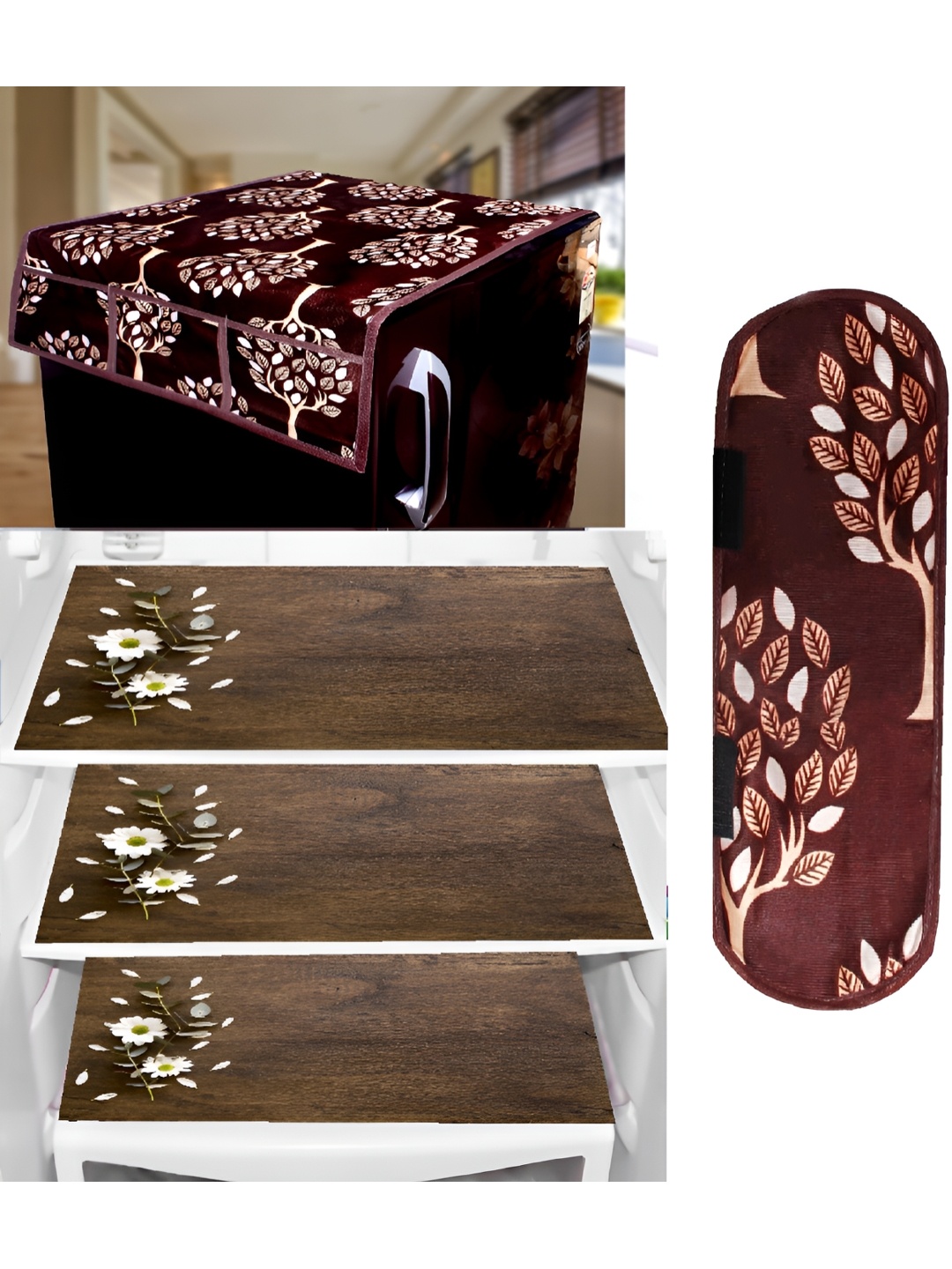 

REVEXO Brown & White 5 Pieces Printed Fridge Top Cover, Handle Covers & Mats