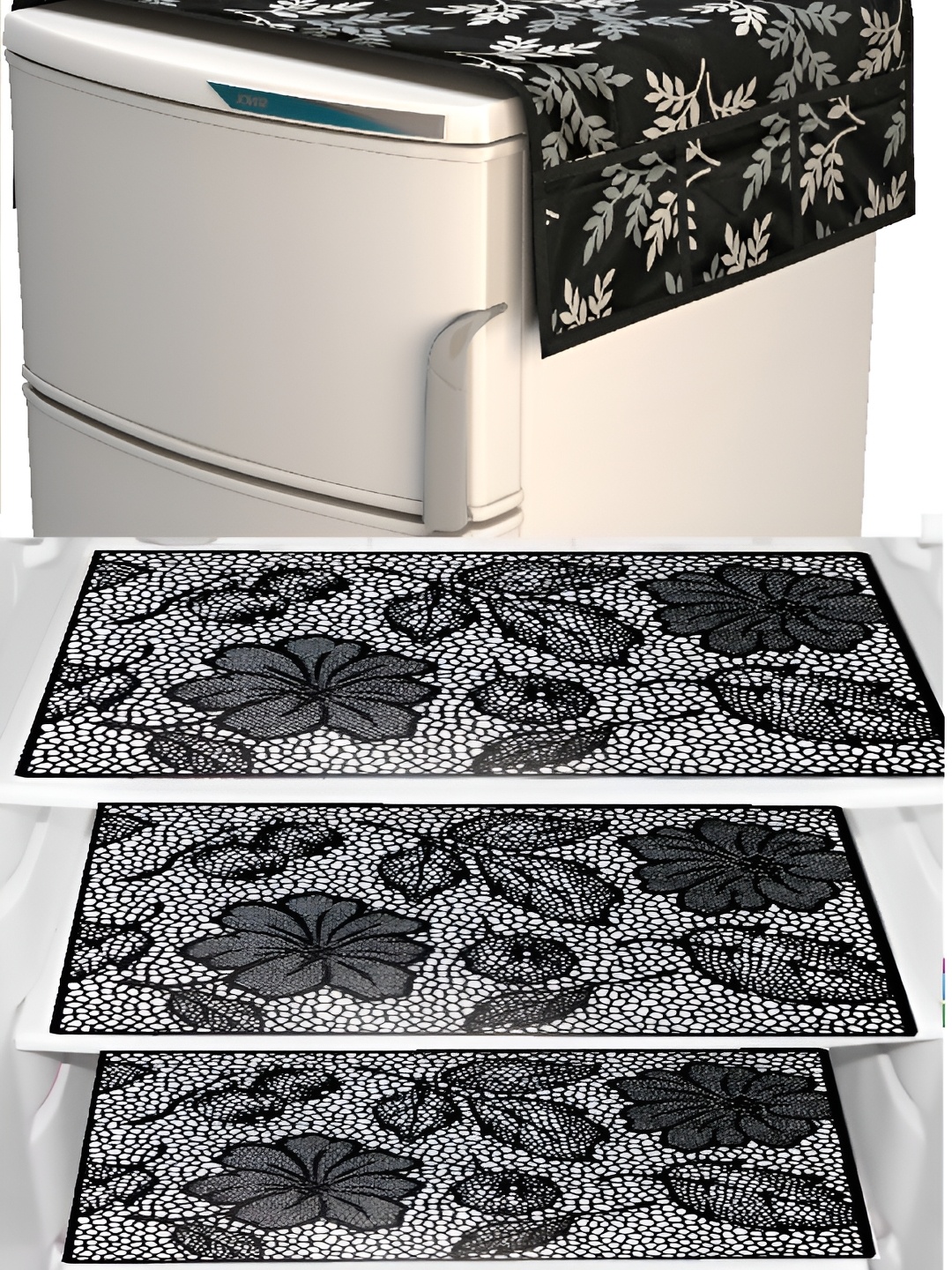 

REVEXO White & Black 4Pcs Printed Anti-Slip Fridge Top Cover & Mats