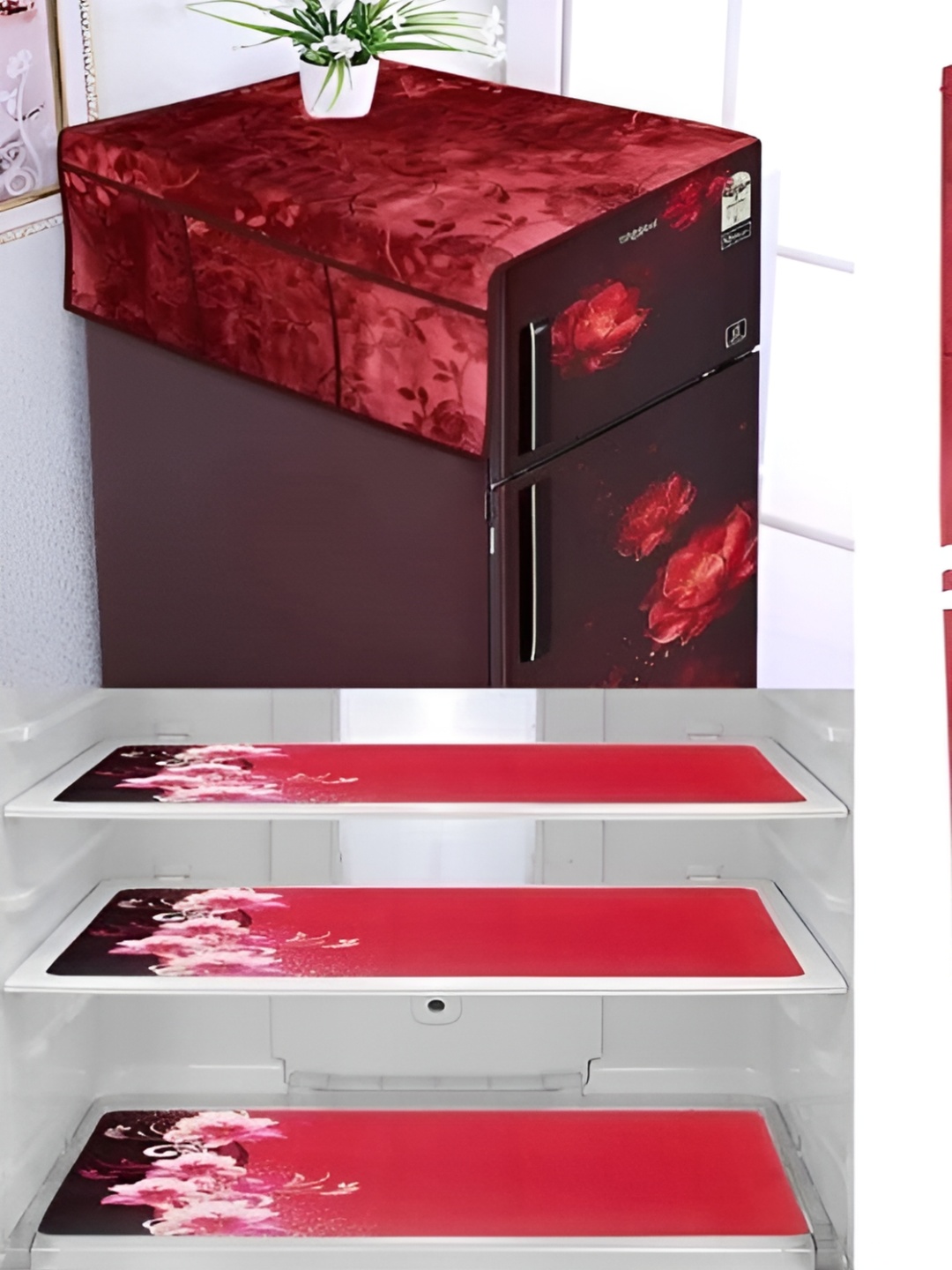 

REVEXO 4-pcs Red Printed Fridge Mat & Top COver