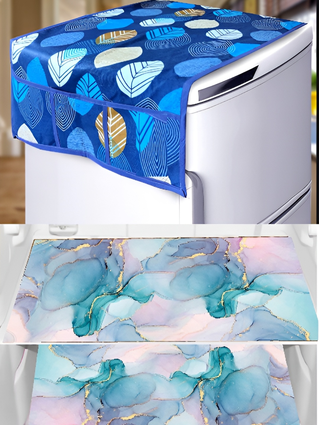 

REVEXO Blue & Grey 4 Pieces Printed Fridge Top Cover & Mats