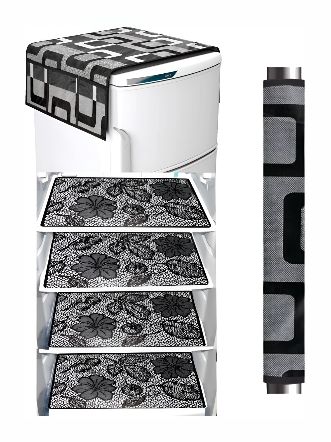 

REVEXO White & Black 4 Pieces Floral Printed Fridge Mat & Top Cover