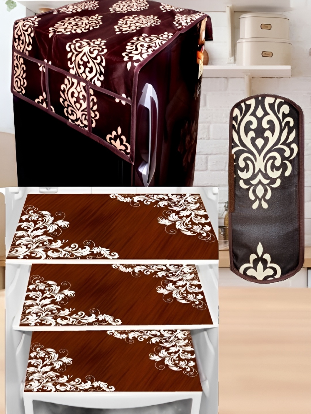 

REVEXO 5-Pcs Beige & Maroon Printed Fridge Top Cover, Handle Covers & Mats