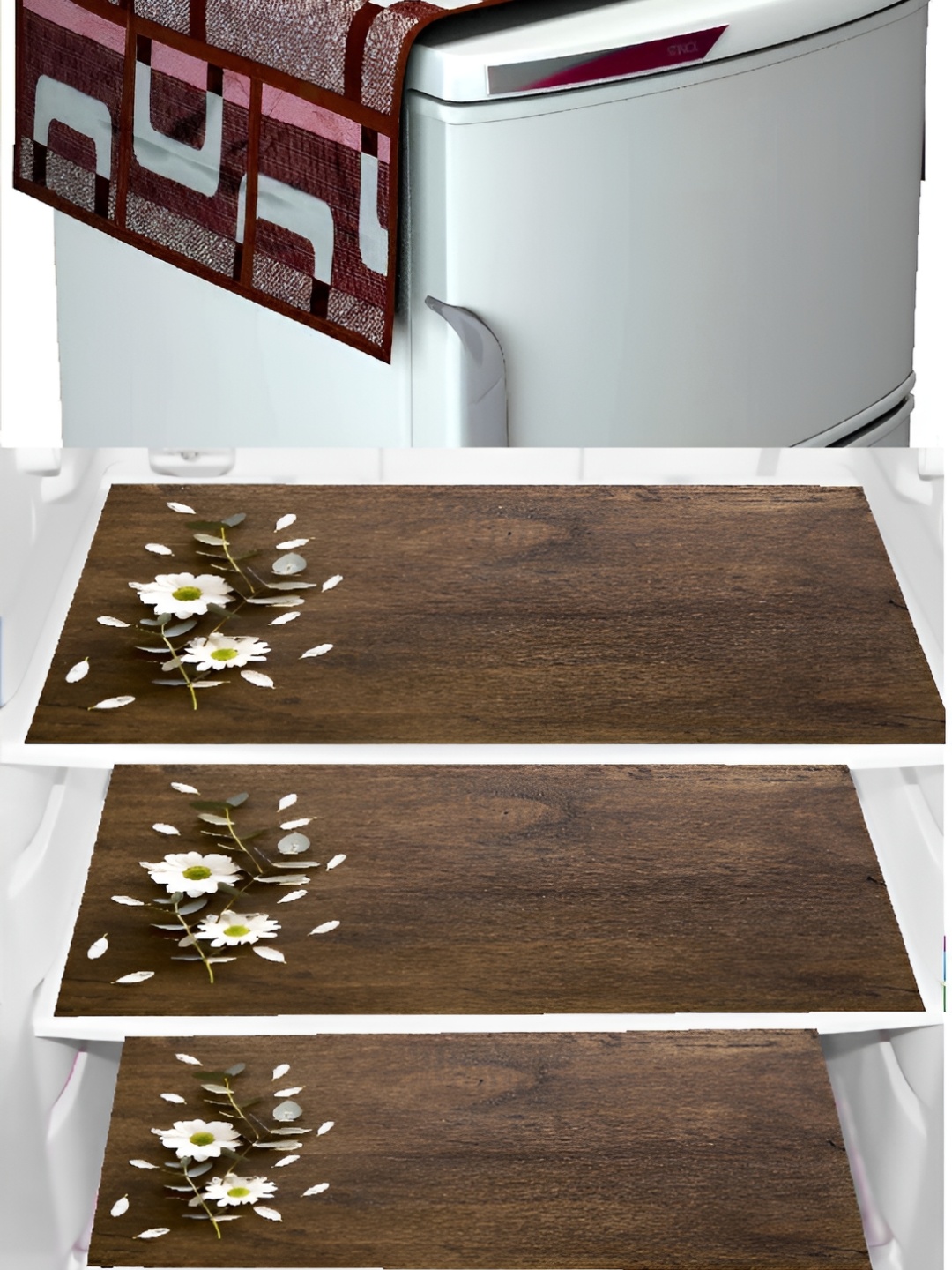 

REVEXO 4-Pcs Brown & Red Printed Refrigerator Top Cover & Mats
