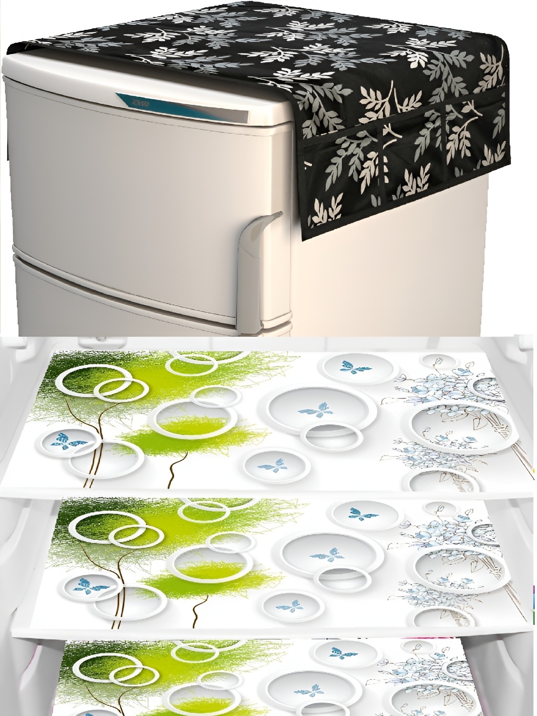 

REVEXO 4-Pcs Black & White Printed Refrigerator Top Cover & Mats