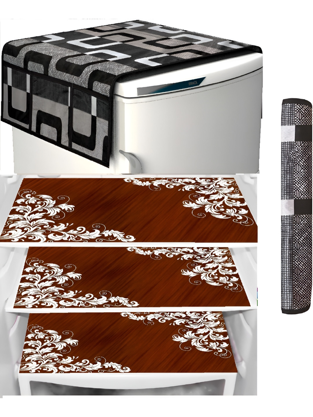 

REVEXO 4-Pcs Brown & Black Printed Refrigerator Top Cover & Mats
