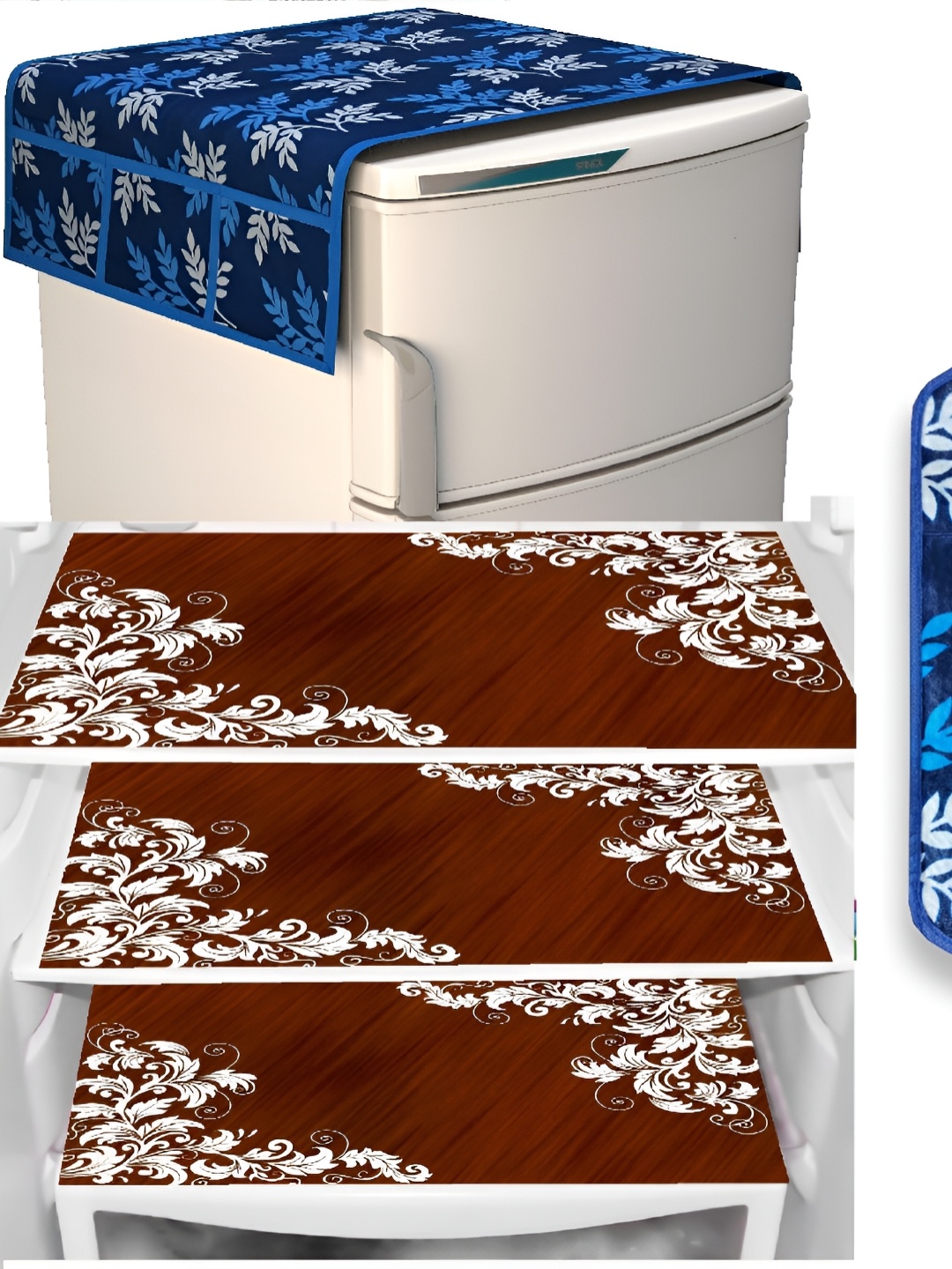 

REVEXO 5-Pcs Blue & Brown Printed Fridge Top Cover, Handle Covers & Mats