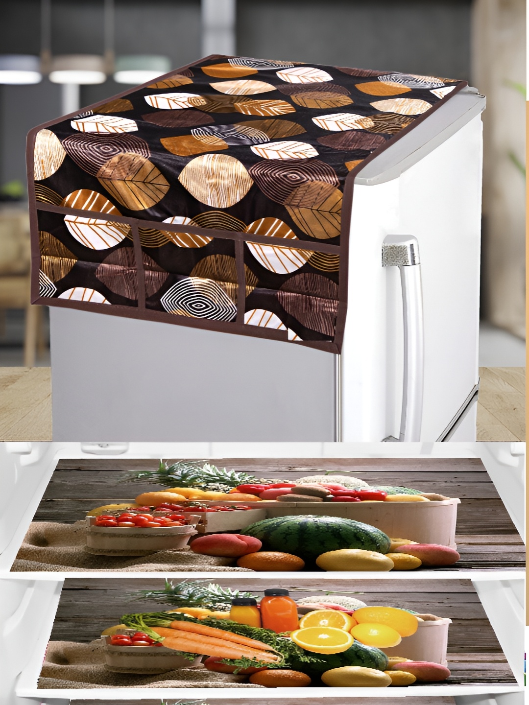 

REVEXO 4-Pcs Brown & Red Printed Refrigerator Top Cover & Mats