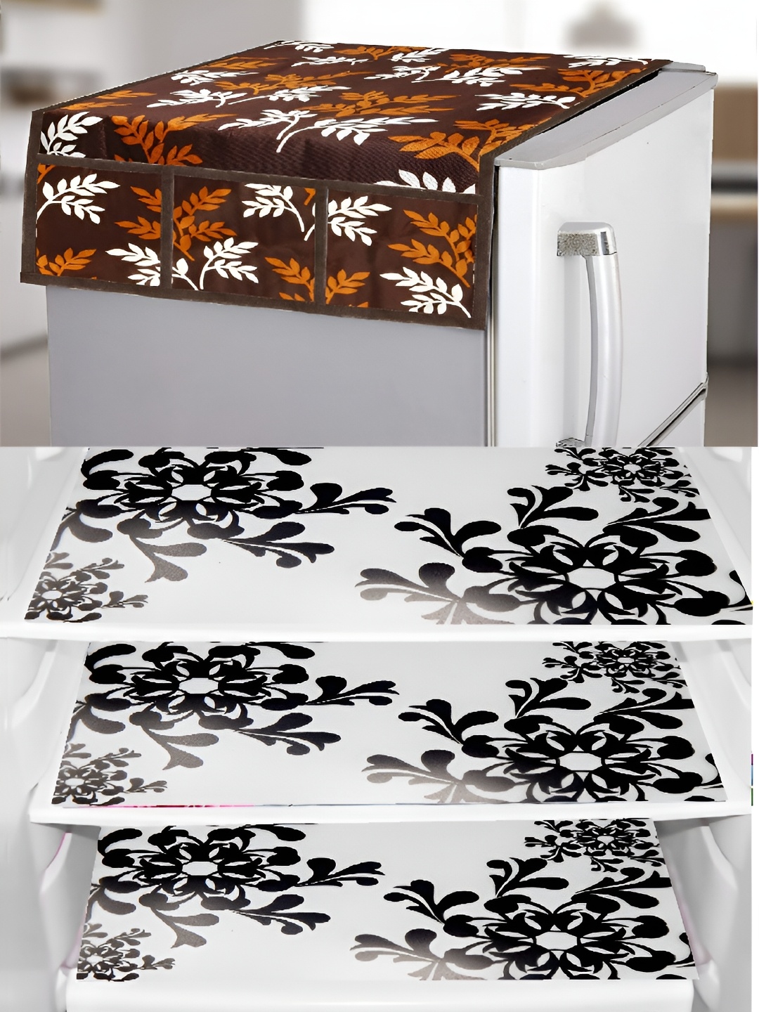 

REVEXO White & Brown 4Pcs Printed Fridge Top Cover & Mats