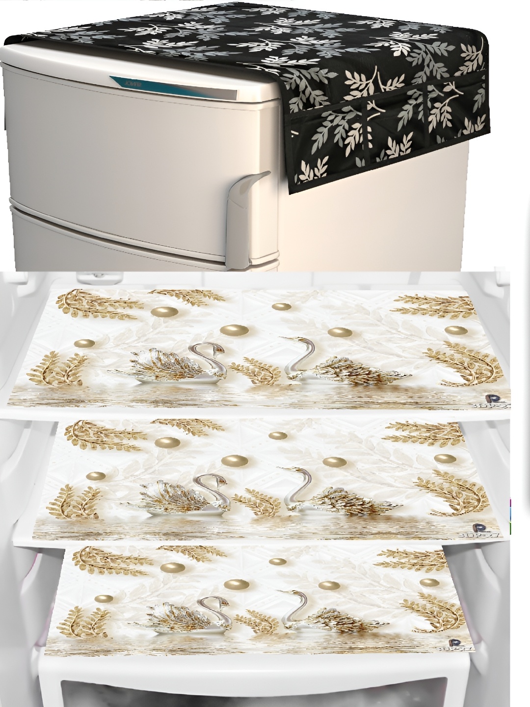 

REVEXO Black & White 5 Pieces Printed Fridge Top Cover, Handle Covers & Mats, Blue