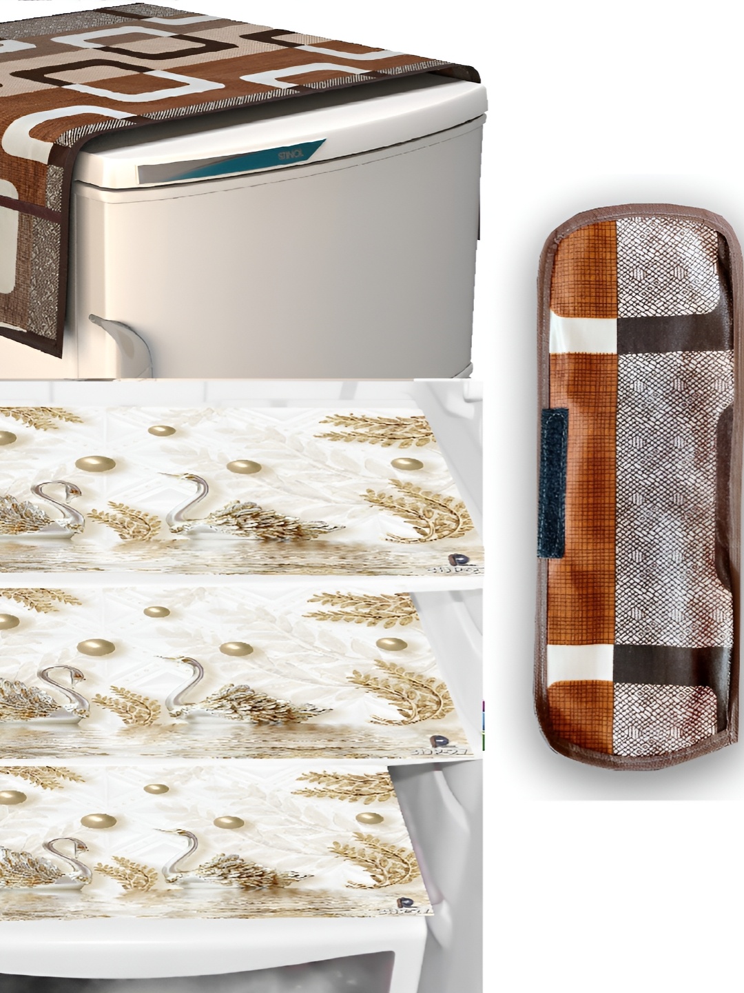 

REVEXO Brown & White 5Pcs Printed Fridge Top Cover Handle Covers & Mats