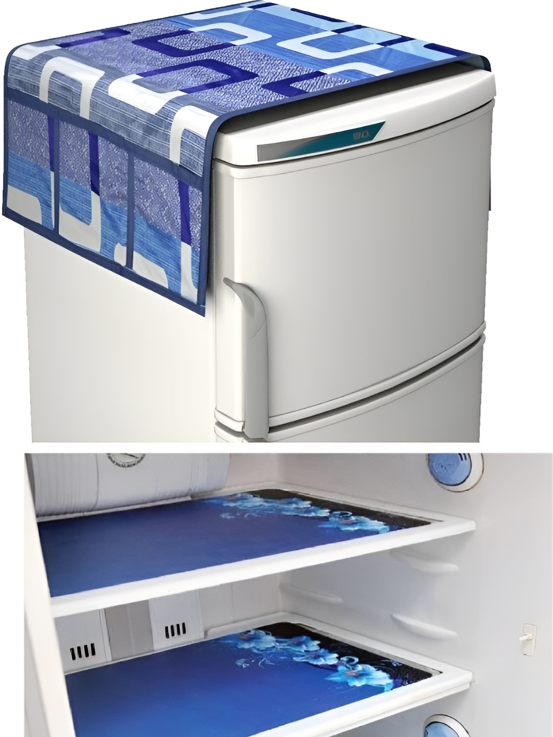 

REVEXO Blue & White 4 Pieces Printed Refrigerator Top Cover & Mats