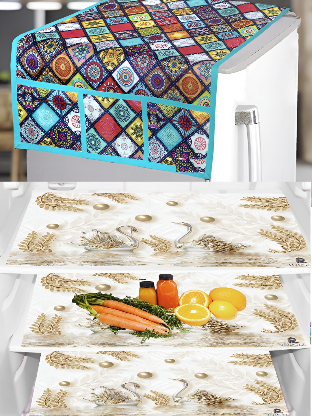 

REVEXO 4-Pcs Blue & Cream Coloured Printed Refrigerator Top Cover & Mats