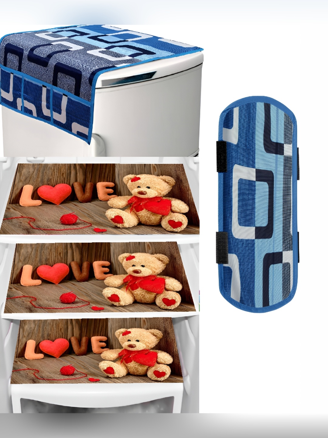 

REVEXO Blue & Brown 5 Pieces Printed Fridge Top Cover, Handle Covers & Mats
